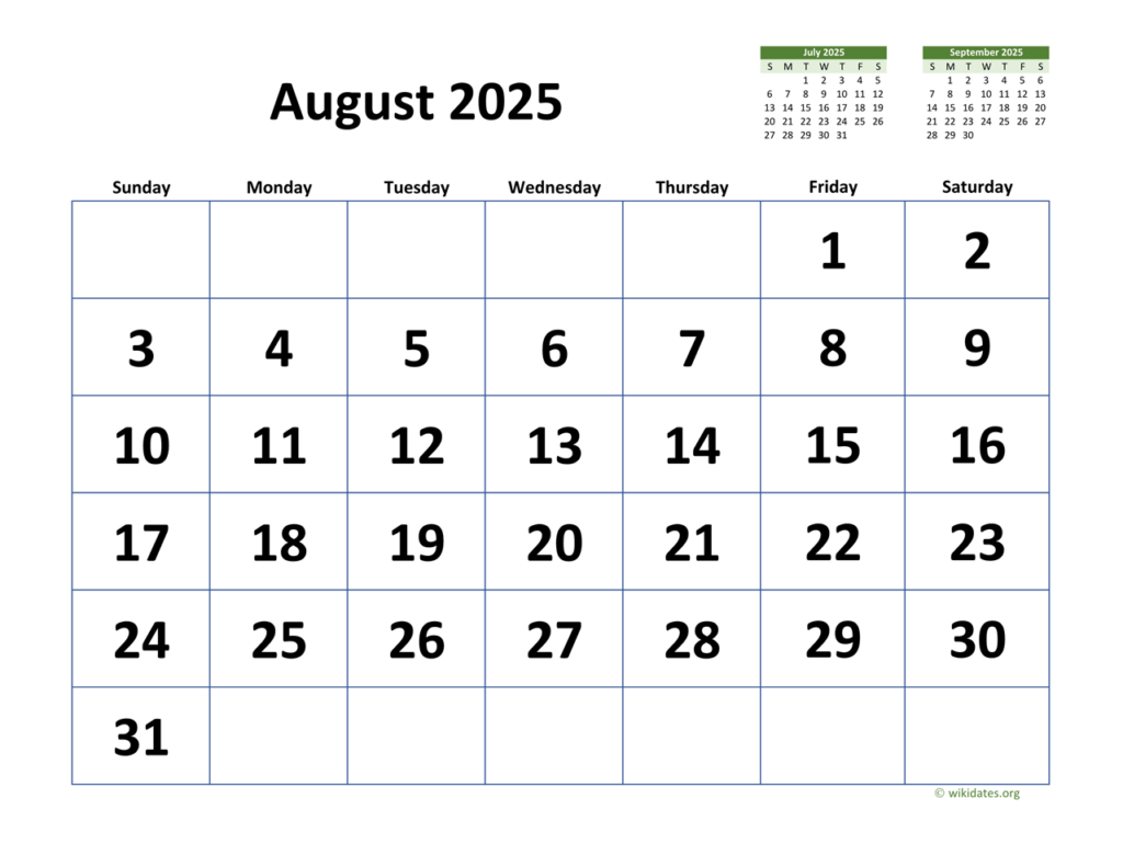 2025 August Calendar With Holidays Printable Kalie Marilin