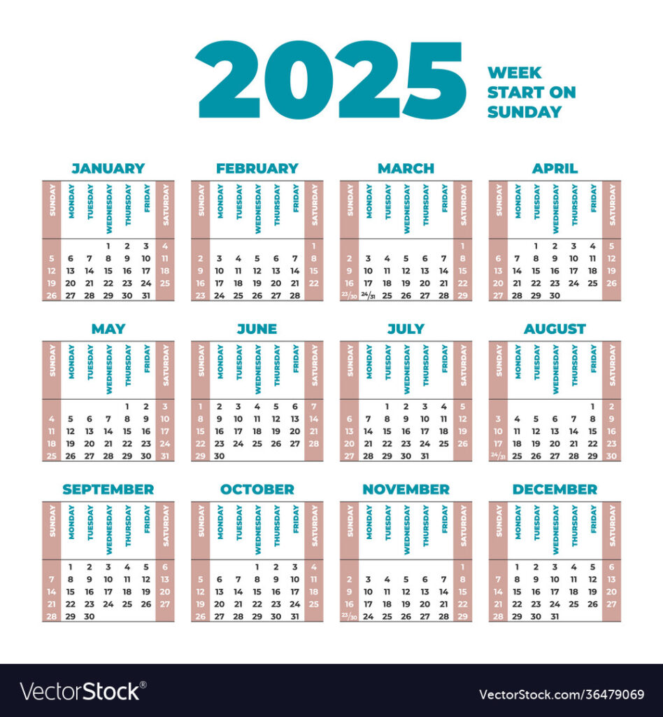 2025 Calendar Template With Weeks Start On Sunday Vector Image
