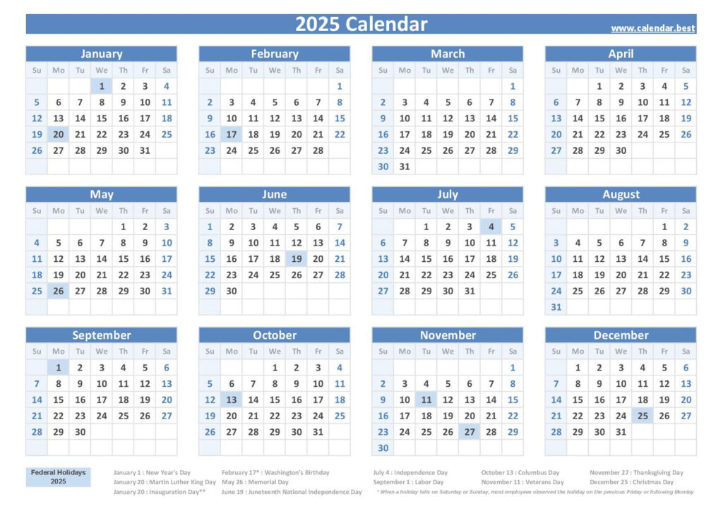 2025 Federal Holiday Calendar Printable Free Daryl Emiline