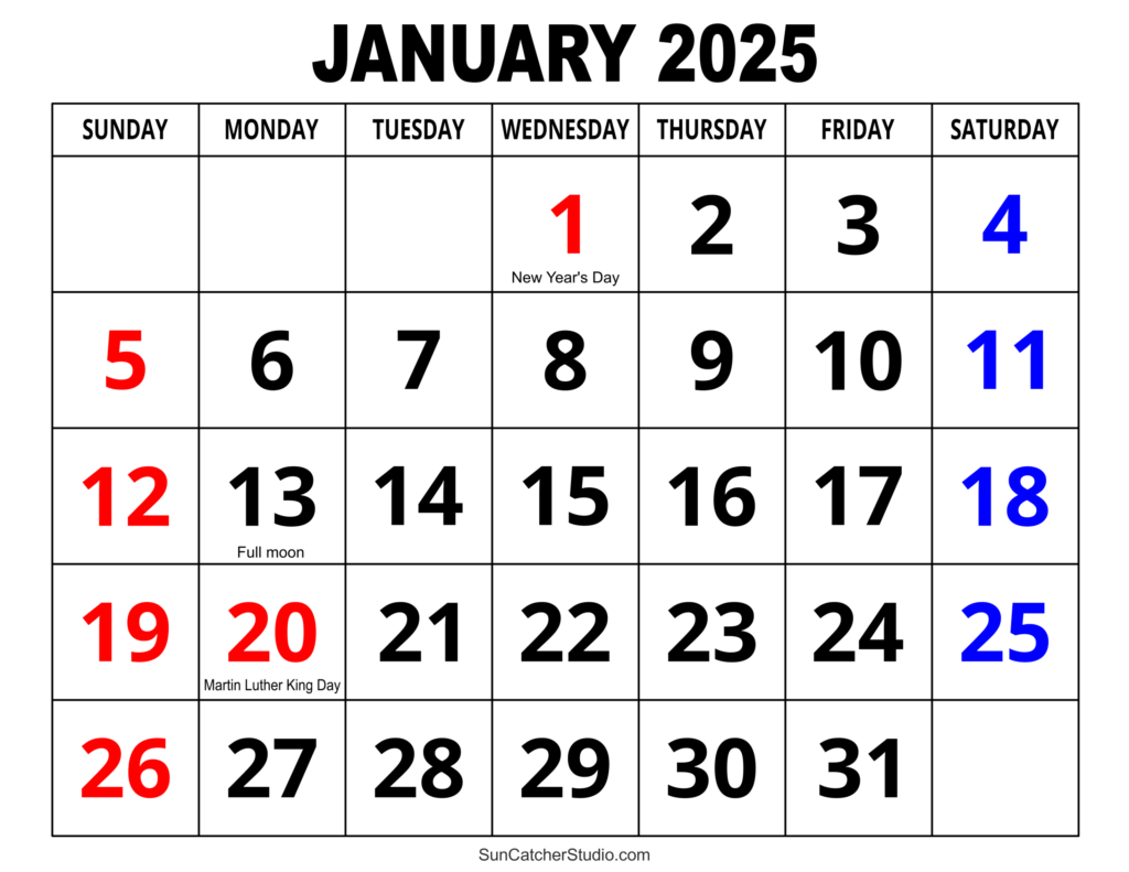 2025 January Calendar Big Numbers Today Sasha Brandice