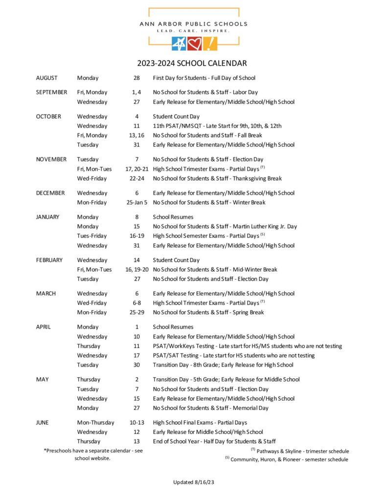 Ann Arbor Public Schools Calendar 2024 Holiday Dates 