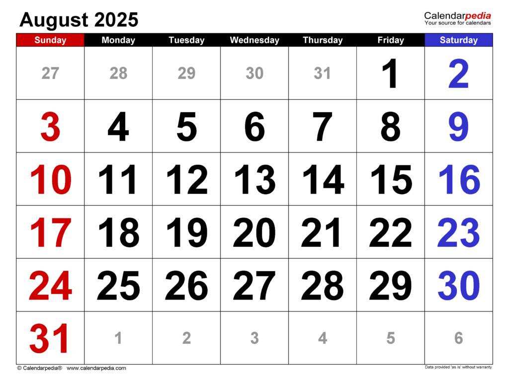 August 2025 Calendar