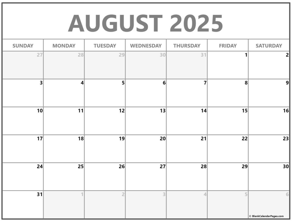 August 2025 Calendar Free Printable Calendars