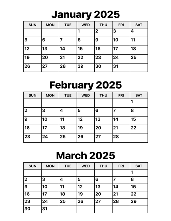 January February And March 2025 Calendar Calendar Options