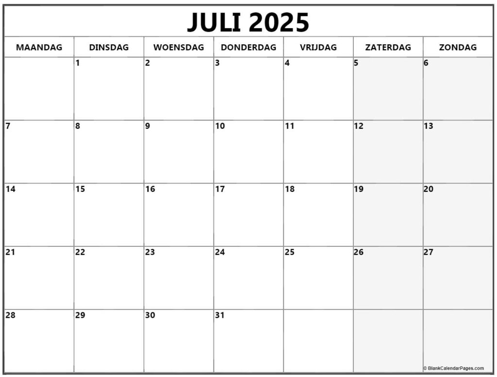Juli 2025 Kalender Nederlandse Kalender Juli