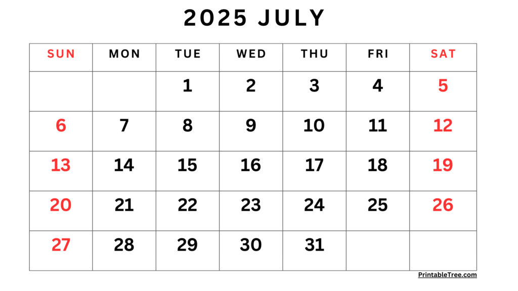 July 2025 Calendar PDF Calendar January 2025 Printable