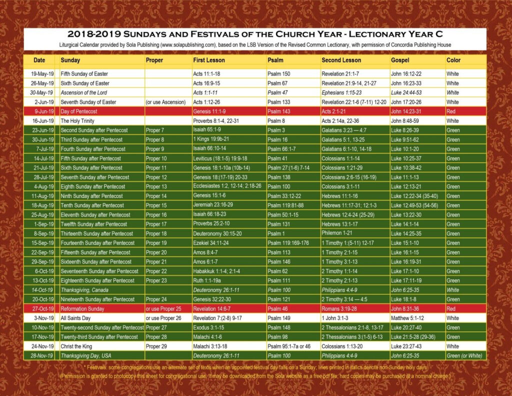 Liturgical Catholic Calendar With Color Of Priest Vest Year 2020 Free 