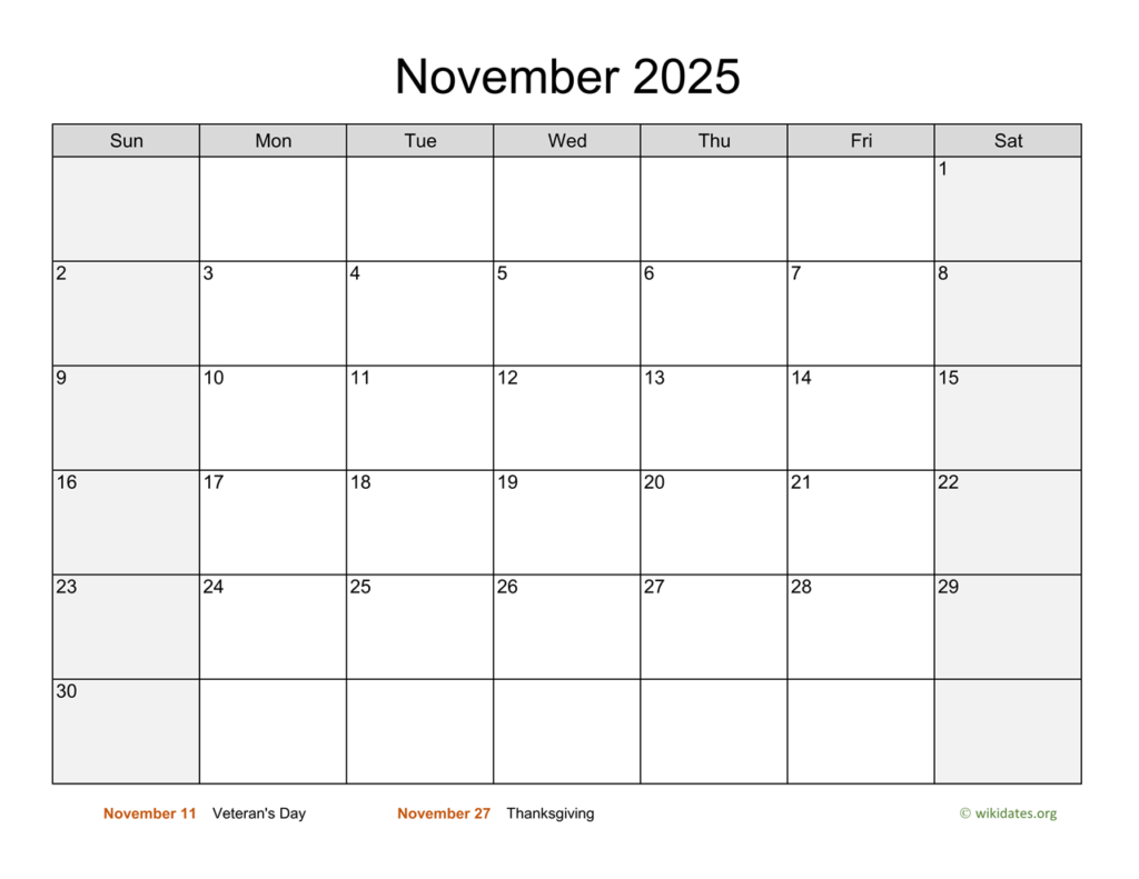November 2025 Calendar With Weekend Shaded WikiDates
