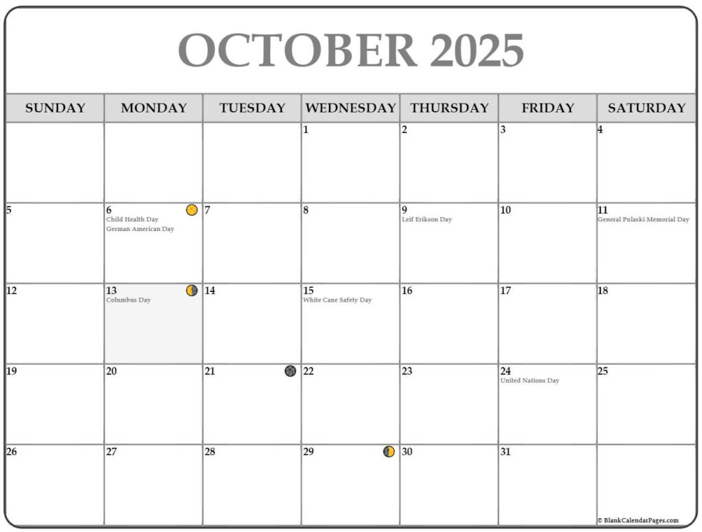 October 2025 Lunar Phase Calendar Calendrier 2025 2026 Gratuit