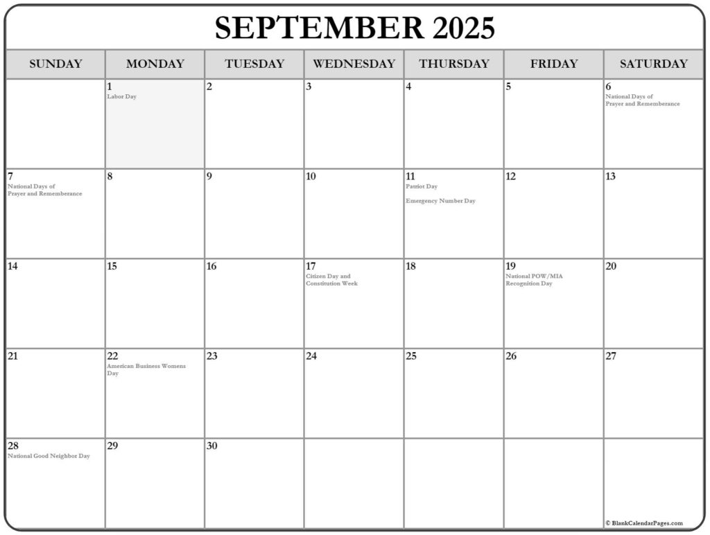 September 2025 With Holidays Calendar