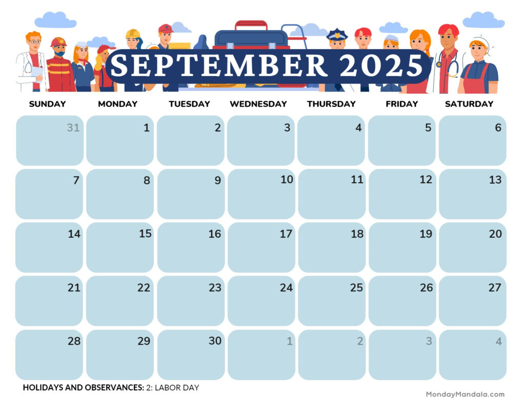 September Calendar 2025 Labor Day Elsie Myriam