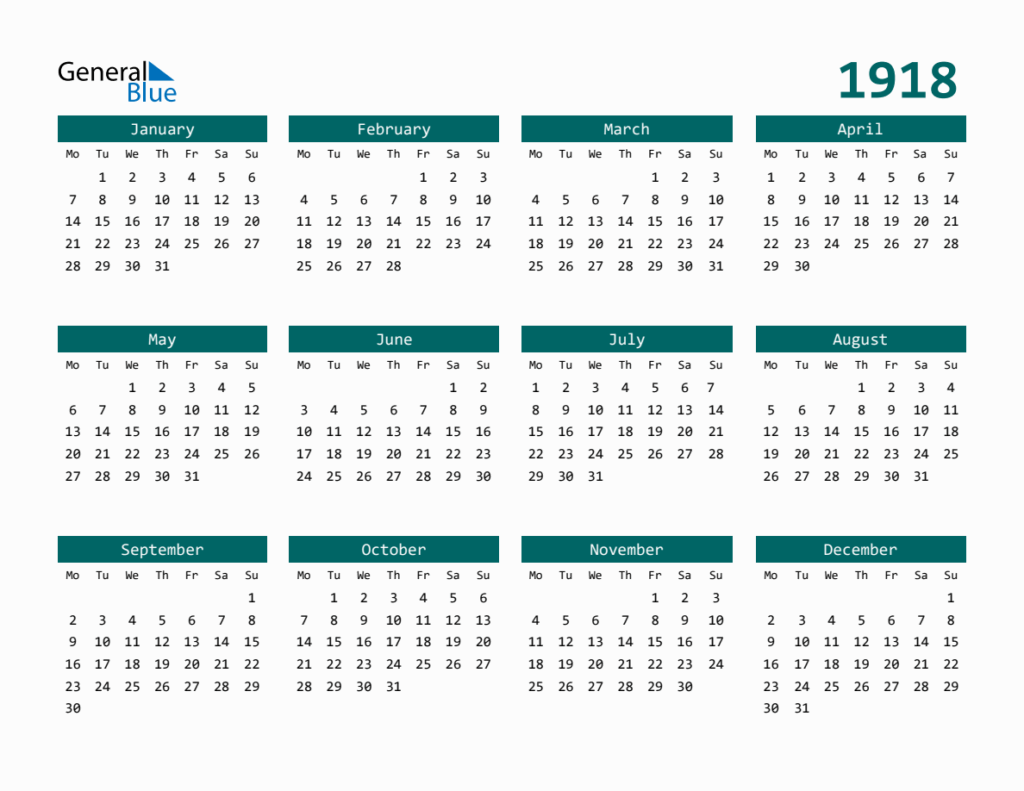1918 Full Year Calendar