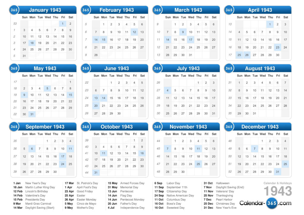 1943 Calendar