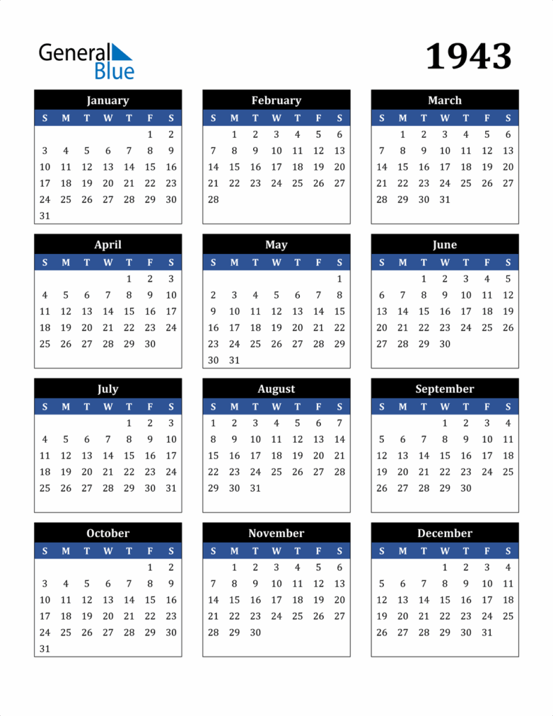 1943 Calendar PDF Word Excel 