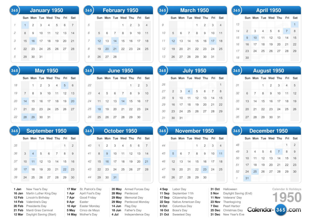 1950 Calendar
