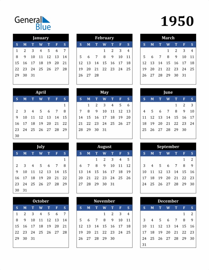 1950 Calendar PDF Word Excel 