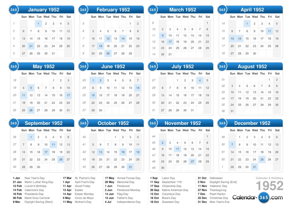 1952 Calendar