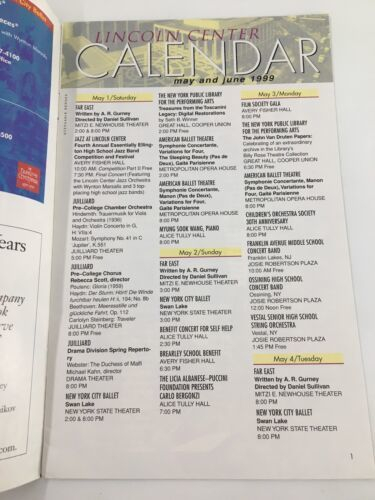 1999 Stagebill Lincoln Center Calendar For The Month Of May And June 