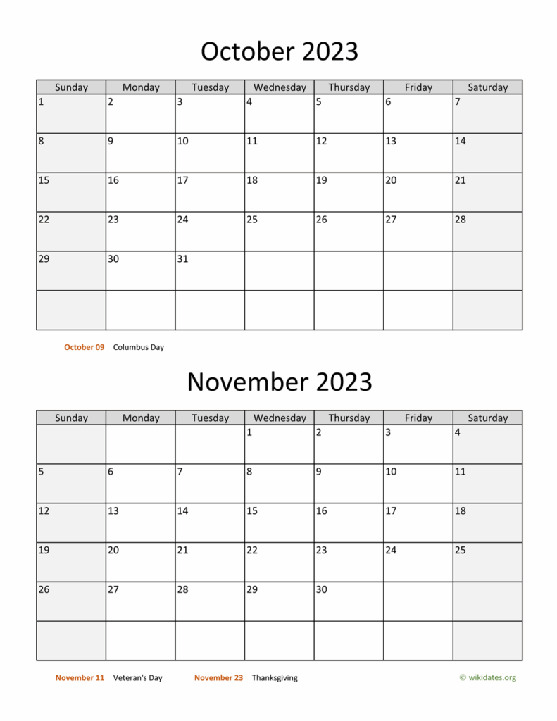 2023 Two Month Calendar Printable Download Printable October And 