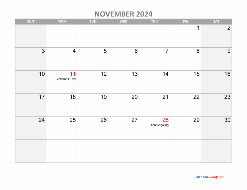 2024 November Calendar With Holidays List Printable Calendar Bank 2024