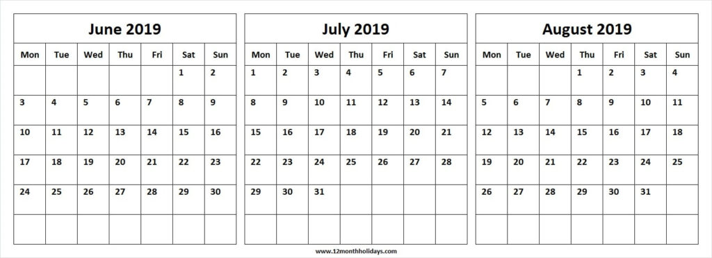 3 Month Calendar Printable June July August