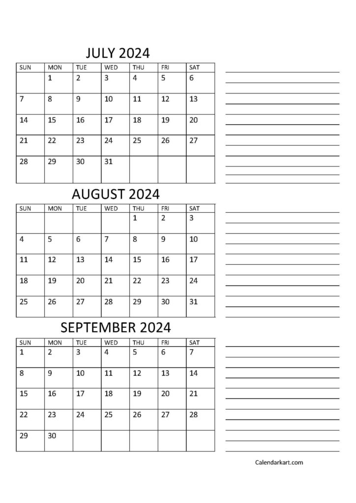 3 Month Vertical Calendar July September 2024 Calendar 2024 