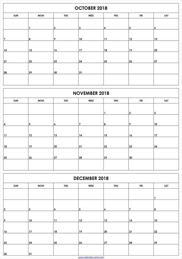 3 Monthly October November December 2018 Calendar Editable Template 3 