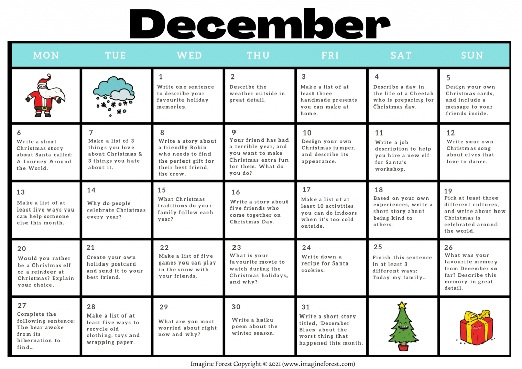 31 December Writing Prompts Free Calendar Printable Imagine Forest