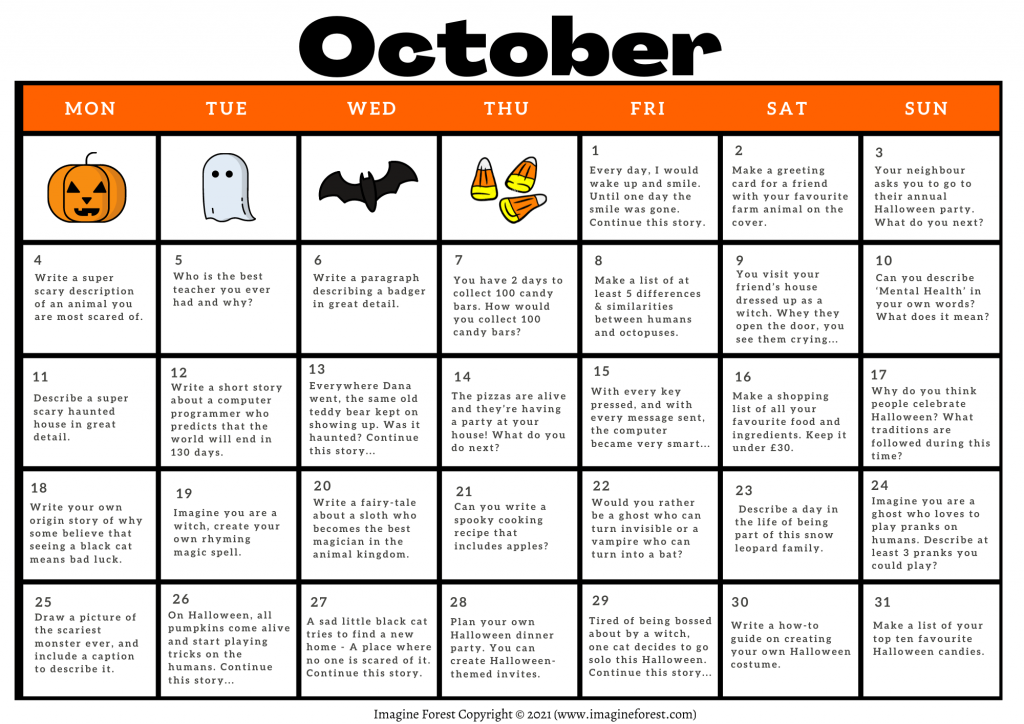 31 October Writing Prompts Free Printable Imagine Forest
