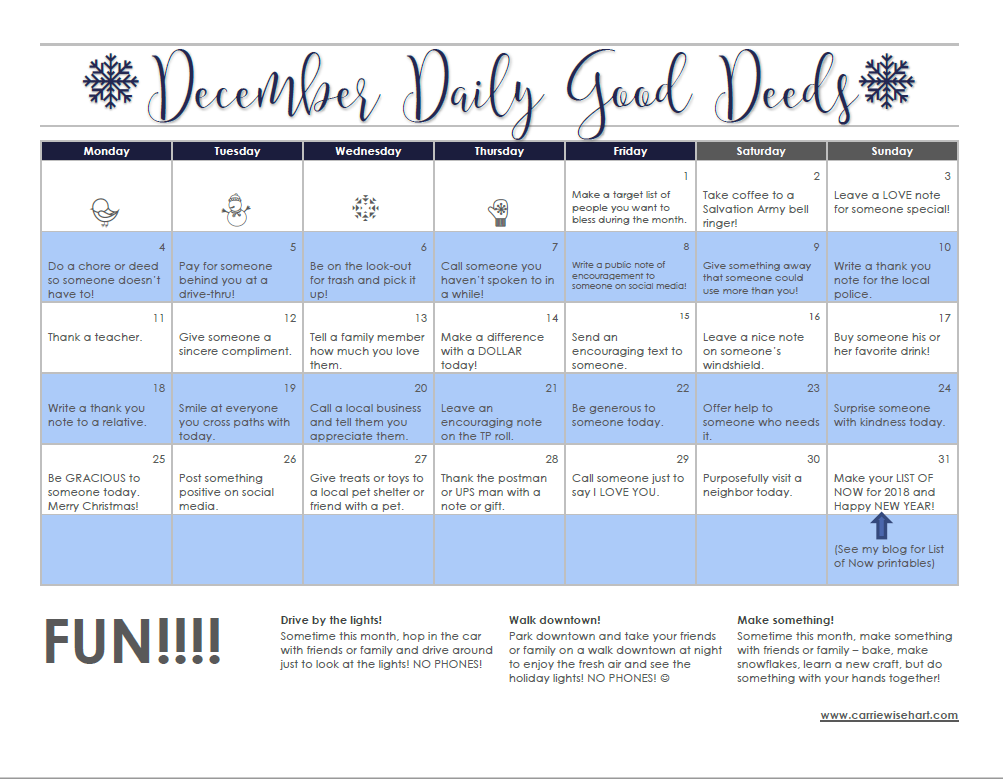 3rd Annual December Daily Good Deeds and A PRINTABLE Calendar 