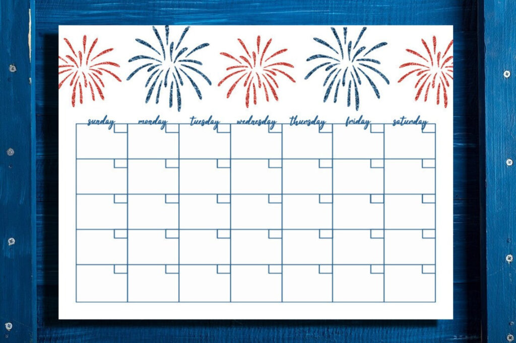 4th Of July Printable Calendar Independence Day Fireworks Etsy