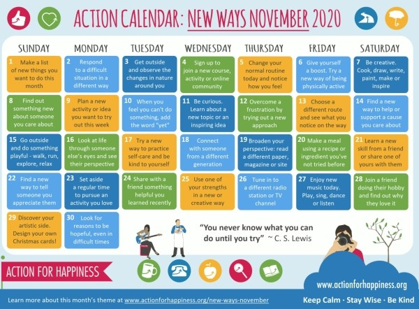 Action For Happiness Calendar November 2020 New Ways November