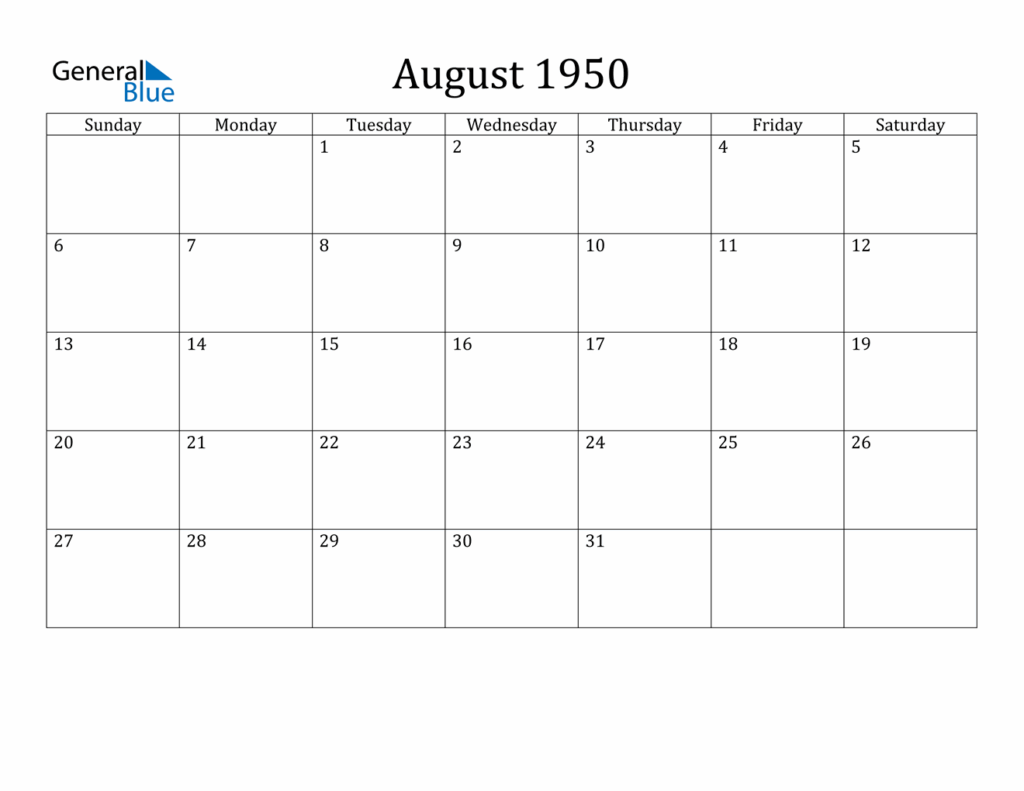 August 1950 Calendar PDF Word Excel