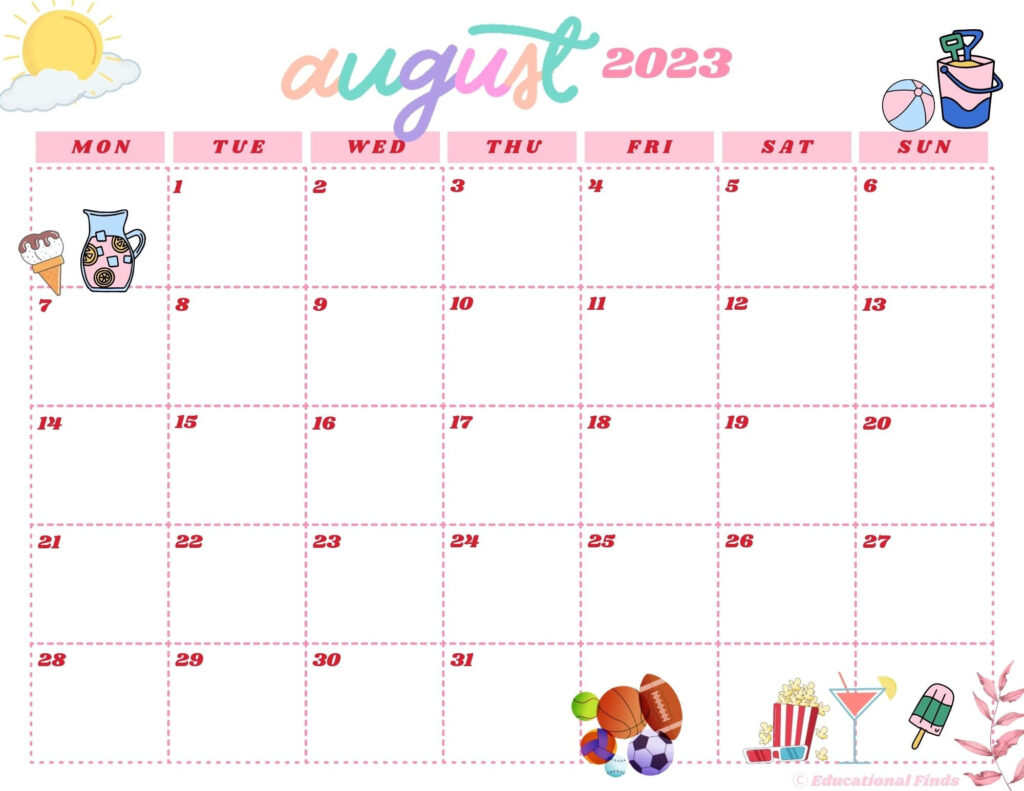 August 2023 Calendar Monday Start Digital Printable Etsy