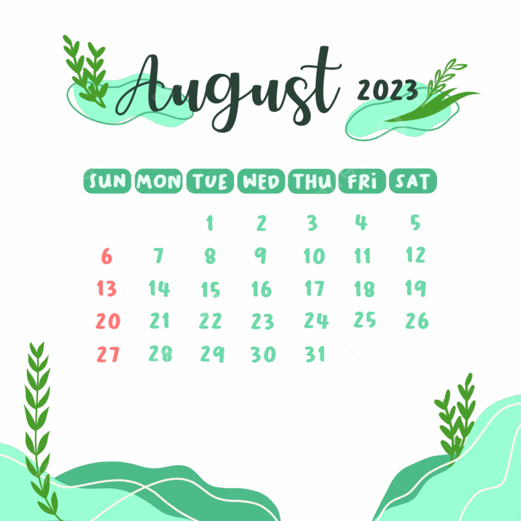 August 2023 Monthly Calendar Aesthetic Cute Design Transparent 