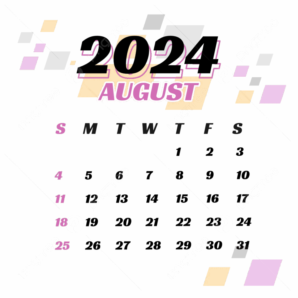 August 2024 Calendar Transparent Design Vector August 2024 Calendar 