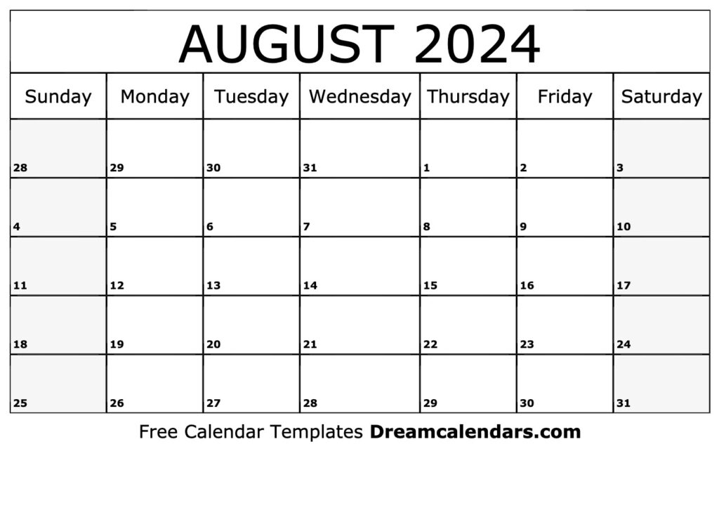 August 2024 Printable Calendar August 2024 Calendar Free Printable 