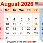 August 2026 Calendar Templates For PDF Excel And Word