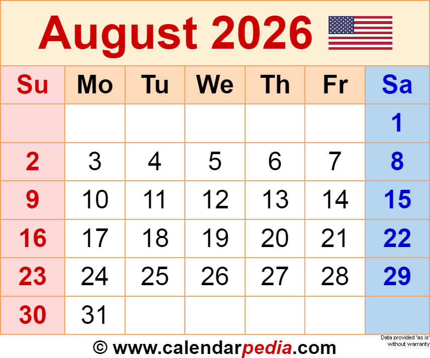 August 2026 Calendar Templates For PDF Excel And Word