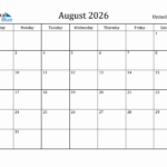 August 2026 Monthly Calendar With United States Holidays