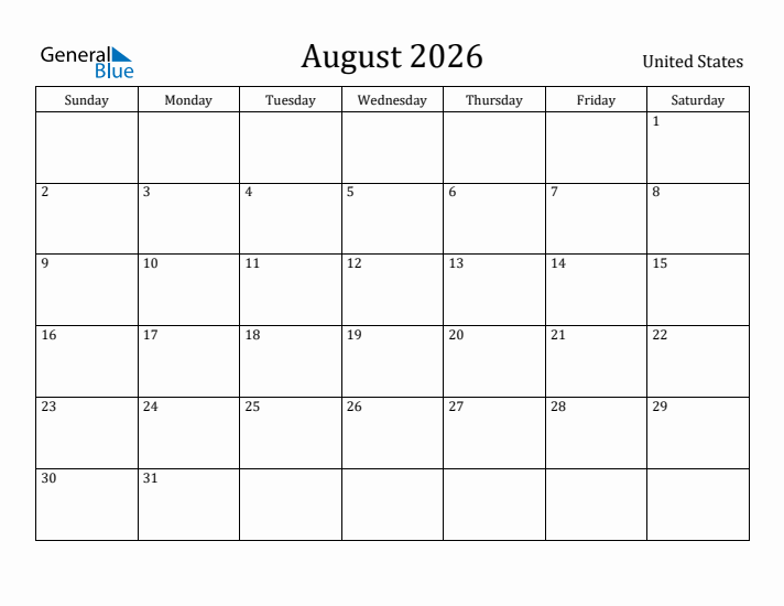 August 2026 Monthly Calendar With United States Holidays
