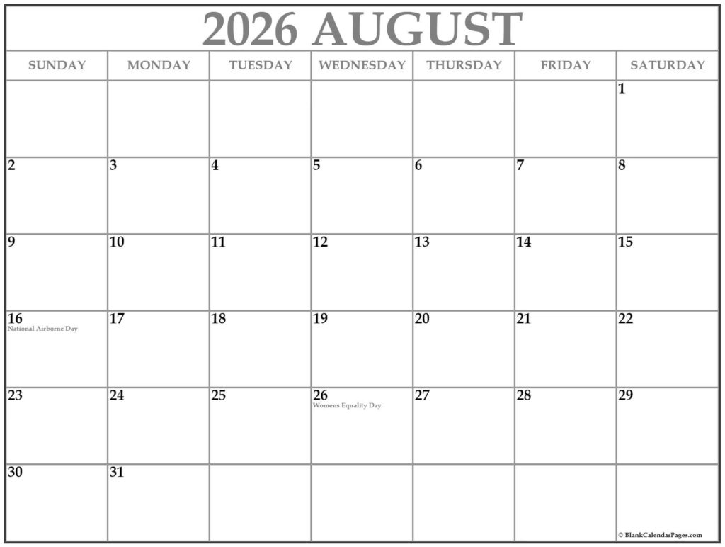 August 2026 With Holidays Calendar