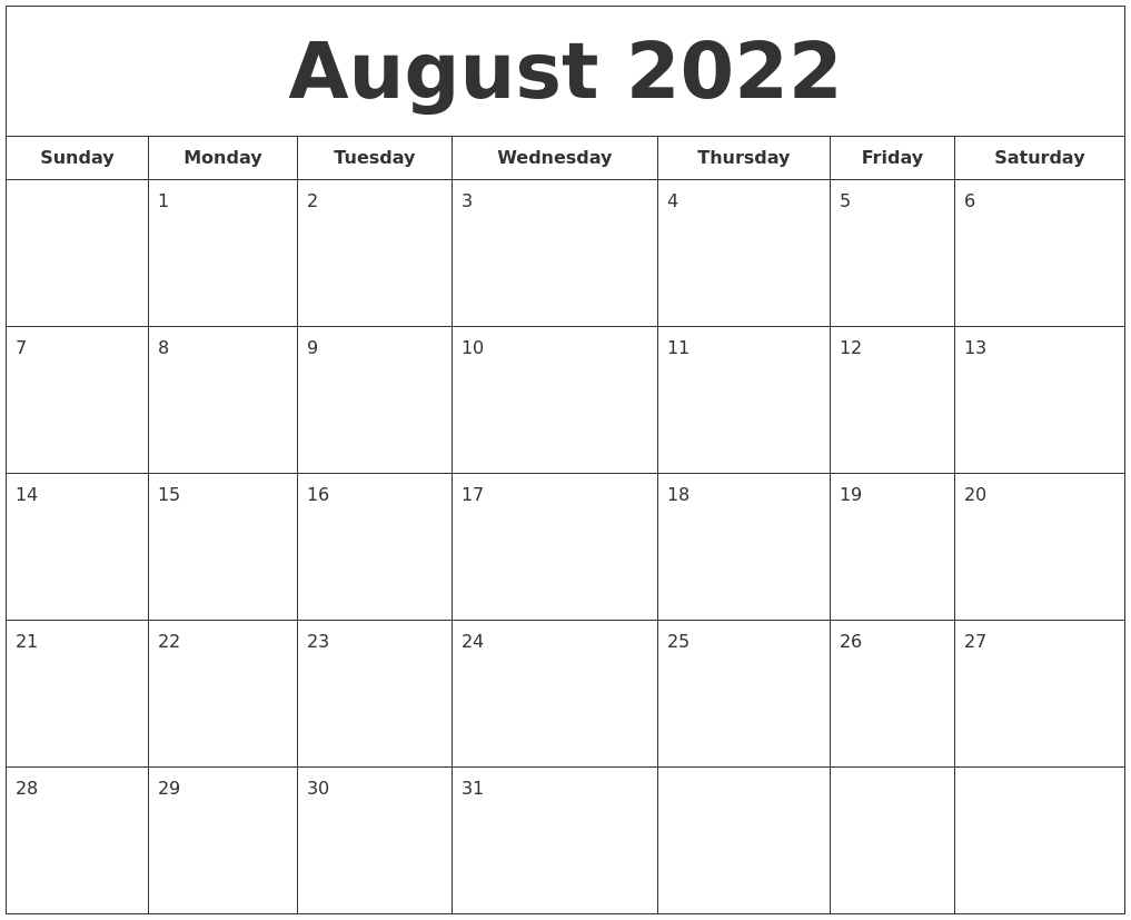 August 22 Calendar Printable
