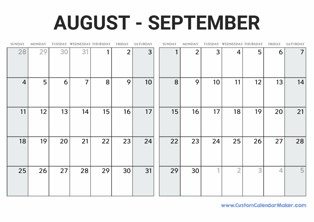 August And September 2025 Calendar Blank Oscar R Yarnold