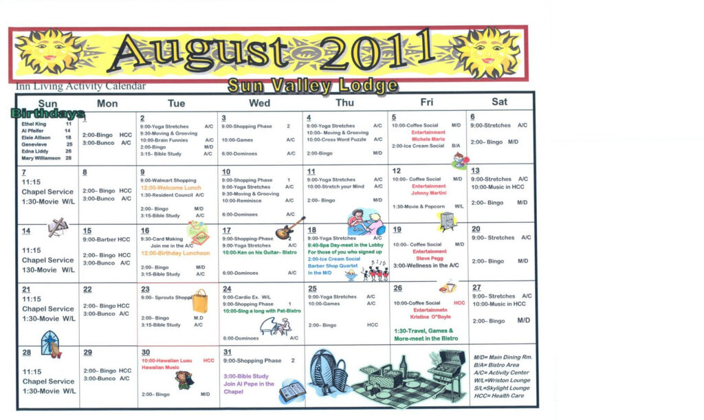 August Senior Activity Calendar Cass Danielle