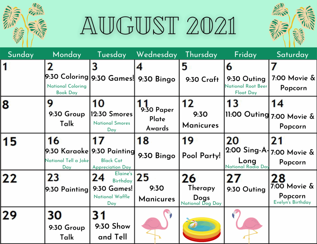 August Senior Activity Calendar Cass Danielle