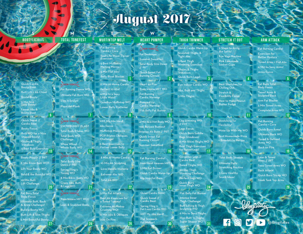 August Workout Calendar Blogilates