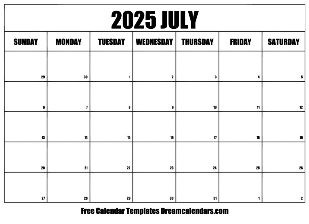 Blank 2025 July Calendar Archer L Molvig
