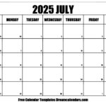 Blank 2025 July Calendar Archer L Molvig