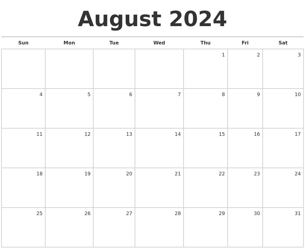 Blank Calendar 2024 Printable Monthly August Jolie Madelyn